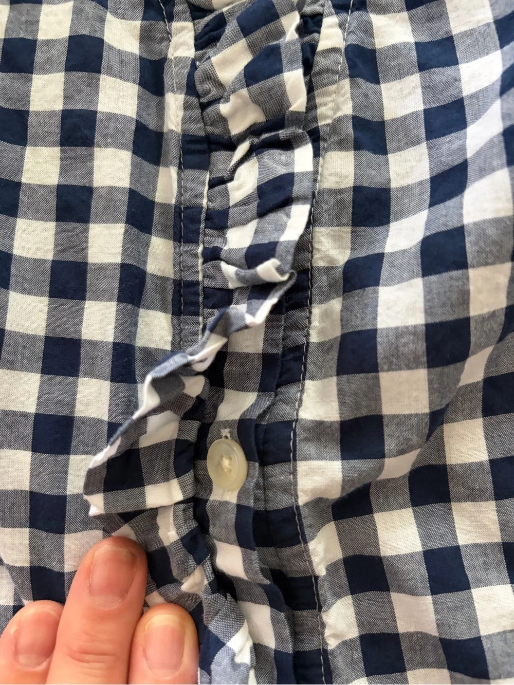 J. Crew Navy and White Gingham Ruffle Button-Front Shell
